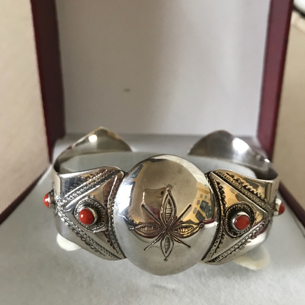 Algerian Silver and Red Coral Cuff Bracelet